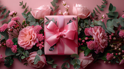 beautiful mother's day design, a gift box on pink flower background