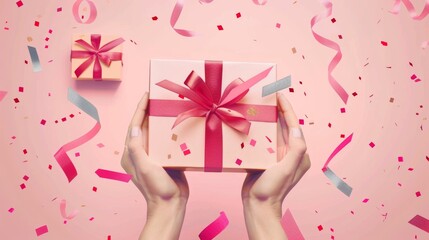 Hands holding a pink gift box with ribbon and confetti on a soft pink background
