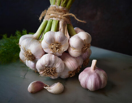 garlic on a wooden background. Farm grown garlic. Farmer garlics on rustic wooden table. Pile of spice cloves.