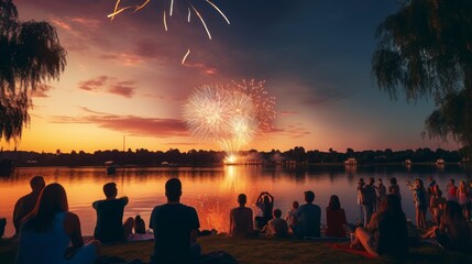 people sitting in a park watching gunpowder burning on a beautiful and perfect sunset