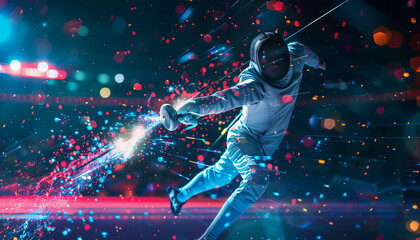 A captivating digital illustration of a fencer in action, surrounded by vibrant lights. The fencer, dressed in protective gear, lunges forward with a foil, creating dynamic motion trails. - obrazy, fototapety, plakaty