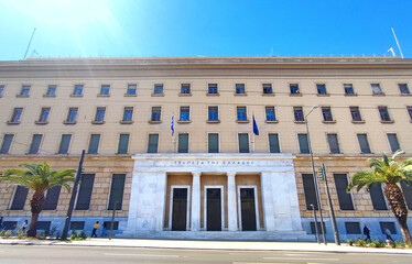 Exterior view of the Bank of Greece (TTE), located on Panepistimiou street in downtown Athens, Greece.