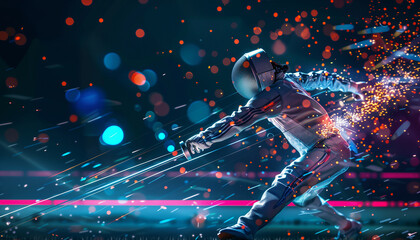 A captivating digital illustration of a fencer in action, surrounded by vibrant lights. The fencer,...