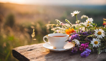 Cup of hot tea and fresh herbs. Tasty drink on wooden table. Sunset or sunrise. Natural backdrop.