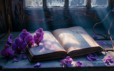 purple orchids laying next to an open vintage notebook with copy space