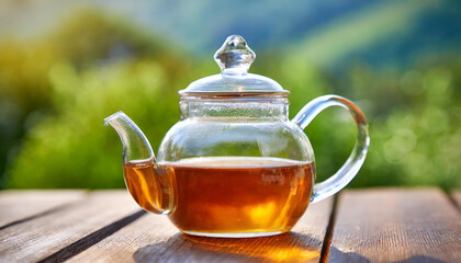 Glass teapot with hot tea on wooden table. Tasty drink. Blurred natural backdrop.