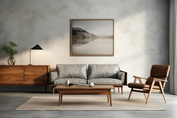 Modern living room design featuring wooden furniture and vacant poster frame on textured concrete wall.