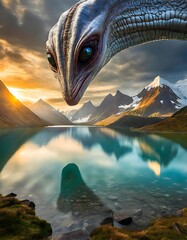 Dinosaurier im Gebirge an einem Bergsee