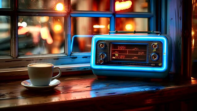 cup of coffee and a radio on the table, world music day concept. Seamless looping 4k time-lapse video animation background 