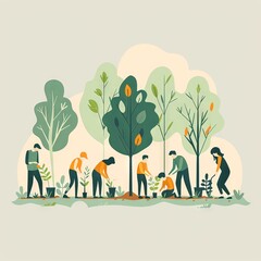 Minimalist Flat Illustration of Community Tree Planting Event

