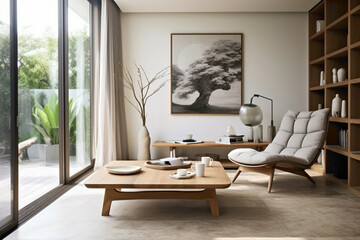 Naklejka na ściany i meble Modern living room ambiance with fabric lounge chair and wooden table.