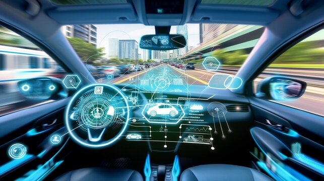 Autonomous vehicle, moving through traffic, sensors the vehicle, energy waves, futuristic. Autopilot illustration