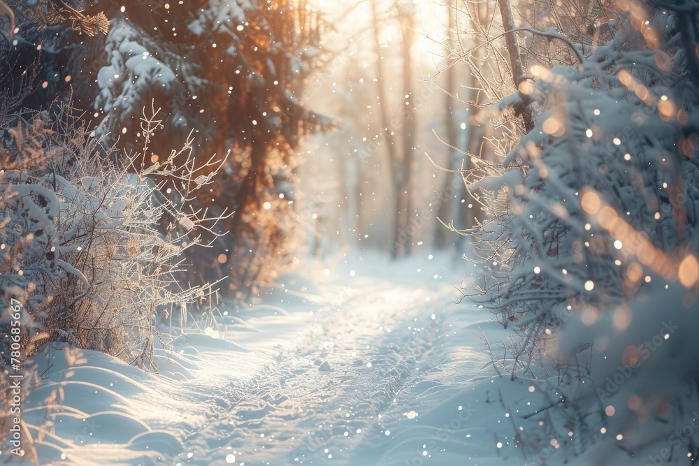 Poster abstract blurred background of a beautiful winter forest. generate ai image