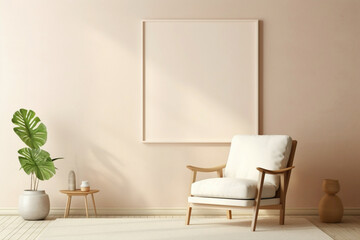 Modern beige chair and empty frame on a soft-colored wall.