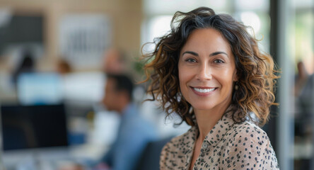 Successful mature business woman smiling on camera with colleagues working on computer in background inside modern office - Business people and entrepreneur concept - Models by AI generative