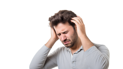 Young man over isolated transparent background suffering from headache desperate and stressed because pain and migraine. 
