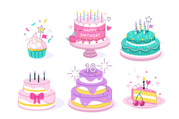 Birthday cakes set. Desserts variations with cream, chocolate, candles. Home made biscuit cake, cupcake, bakery and pastry concept. Vector illustration. - 780685683