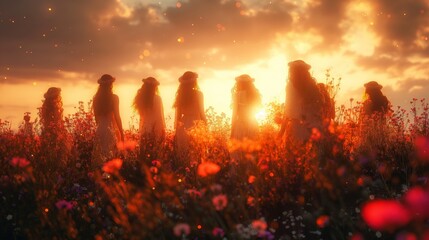 Silhouettes of young women dancing in a field against a sunset background with flower wreaths on their heads