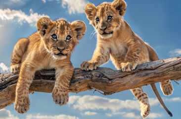 two lion cubs playing on a tree branch