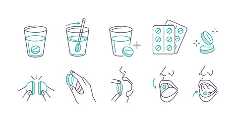 Taking pills concept set. Instruction how to take effervescent tablet and various drug correctly with glass water, sublingual under the tongue and buccal. Vector illustration. - 780685830