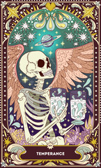 A tarot card in bohemian tones in a modern style in the form of a skeleton. Modern illustration of The Temperance card, minimalistic cartoon skeleton, simple vector drawing