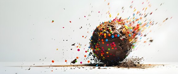 Chocolate meteorite hits planet, explosion, impact, delicious dessert, white background, Generative AI - obrazy, fototapety, plakaty