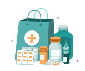 Pharmacy concept. Pills, supplements, capsules and other drugs and medications in bottles and blisters near shopping bag from drugstore. Vector illustration. - 780685867