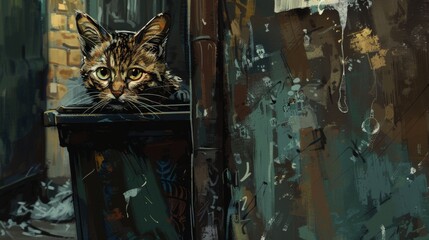 High-detail depiction of a cat hiding in an urban alley peeking out from behind a trash can. The focus is on the cats cautious gaze towards a distant figure approaching with a rescue carrier