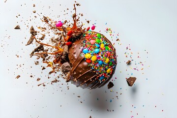 Chocolate meteorite hits planet, explosion, impact, delicious dessert, white background, Generative AI - obrazy, fototapety, plakaty