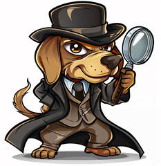 The Detective Dog with a Magnifying Glass. White Background. Vector Style Illustration. - obrazy, fototapety, plakaty