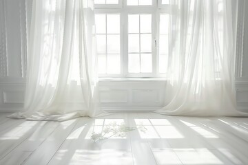 Fototapeta premium Backlit window with white curtains in empty room. generative ai.