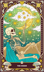 A tarot card in bohemian tones in a modern style in the form of a skeleton. Modern illustration of The Moon card, minimalistic cartoon skeleton, simple vector drawing