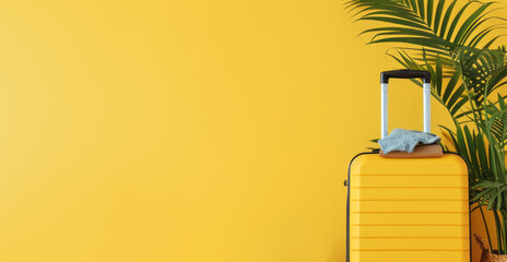 Suitcase with travel accessories, sunglasses, hat and camera on a yellow background with copy space for text. Travel concept, minimal style	
