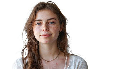Portrait of young woman with problem skin looking at camera isolated on transparent background.



