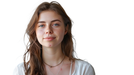 Portrait of young woman with problem skin looking at camera isolated on transparent background.


