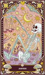 A tarot card in bohemian tones in a modern style in the form of a skeleton. Modern illustration of The Justice card, minimalistic cartoon skeleton, simple vector drawing
