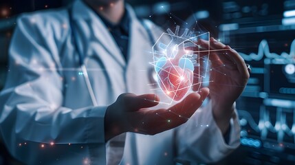 Cardiologist on blurred background using digital x-ray of human heart holographic scan projection 3D rendering