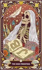 A tarot card in bohemian tones in a modern style in the form of a skeleton. Modern illustration of The High Priestess card, minimalistic cartoon skeleton, simple vector drawing