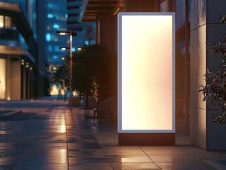 Mockup. Blank white vertical advertising banner billboard stand on the sidewalk 