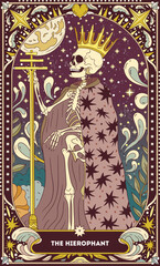 A tarot card in bohemian tones in a modern style in the form of a skeleton. Modern illustration of The Hierophant card, minimalistic cartoon skeleton, simple vector drawing