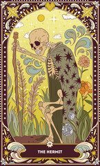 A tarot card in bohemian tones in a modern style in the form of a skeleton. Modern illustration of The Hermit card, minimalistic cartoon skeleton, simple vector drawing