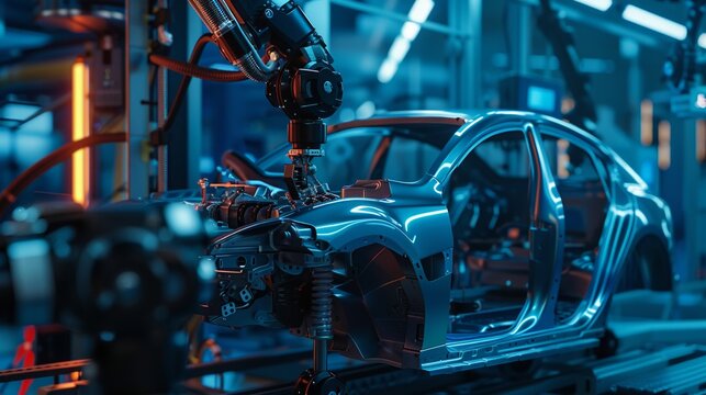 Futuristic automotive assembly, robotic engineers, extended banner, real-time efficiency data, copy area.