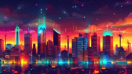 Stylized illustration of a city at night illuminated by vibrant lights powered by various sources of electrical energy - obrazy, fototapety, plakaty