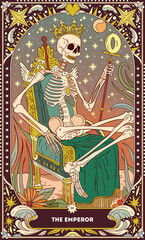 A tarot card in bohemian tones in a modern style in the form of a skeleton. Modern illustration of The imperor card, minimalistic cartoon skeleton, simple vector drawing