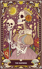 A tarot card in bohemian tones in a modern style in the form of a skeleton. Modern illustration of The Empress card, minimalistic cartoon skeleton, simple vector drawing