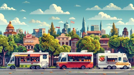 Stylized illustration of a colorful food truck festival with various trucks serving dishes from around the world against a backdrop of an urban park