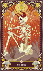 A tarot card in bohemian tones in a modern style in the form of a skeleton. Modern illustration of The Devil card, minimalistic cartoon skeleton, simple vector drawing