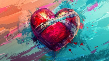 Stylized illustration of a heart wrapped in bandages set against a vibrant background. This artwork symbolizes the healing of emotional wounds - obrazy, fototapety, plakaty