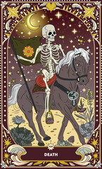 A tarot card in bohemian tones in a modern style in the form of a skeleton. Modern illustration of The Death card, minimalistic cartoon skeleton, simple vector drawing