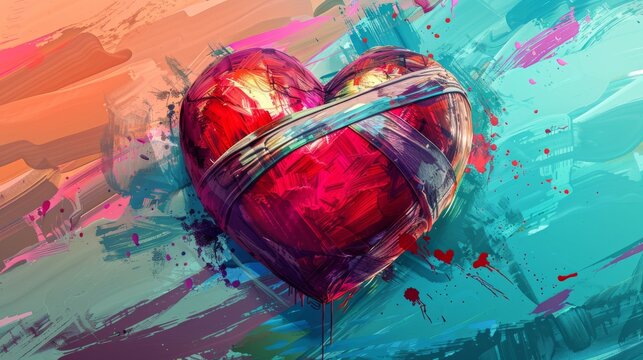 Stylized illustration of a heart wrapped in bandages set against a vibrant background. This artwork symbolizes the healing of emotional wounds